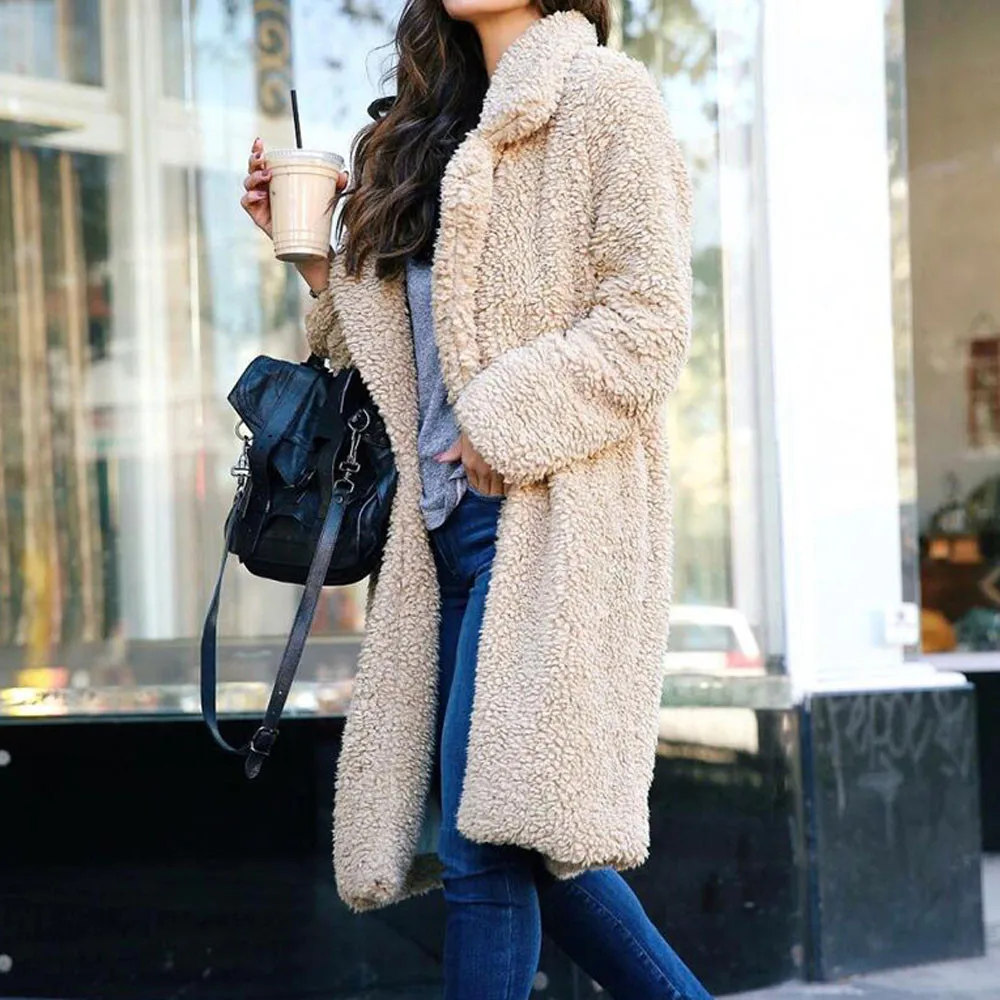 

Women Warm Plush Jackets Autumn Winter White Long Coat Faux Fur Full Sleeve Oversize Outwear Female Elegant Fleeve Blazer 2023
