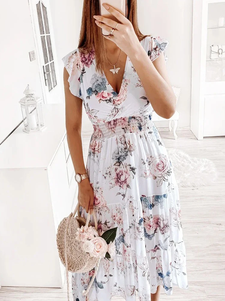 Women Vintage V-Neck Short Sleeve Party Dress Casual Printing Elegant Female Dress Sashes Sweet Style Ladies Dress Dropshipping