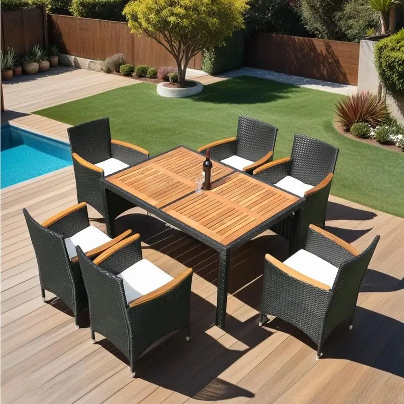 

7-Piece Outdoor Wicker Dining Set with Acacia Wood Top - Patio Furniture for Dining and Relaxation, Stylish Rattan Design for