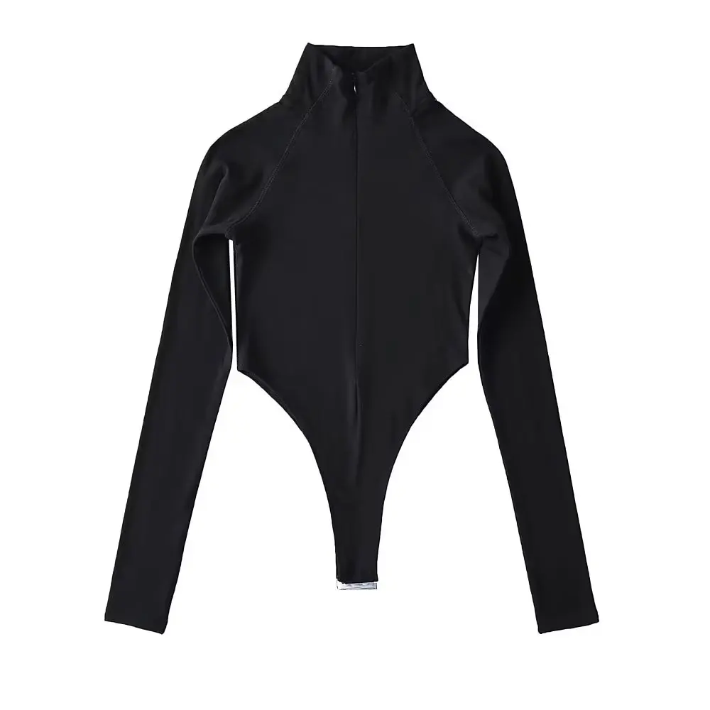 Women Long Sleeve Zipper Stand Collar Bodysuits High Split Elastic Slim Jumpsuits Tops