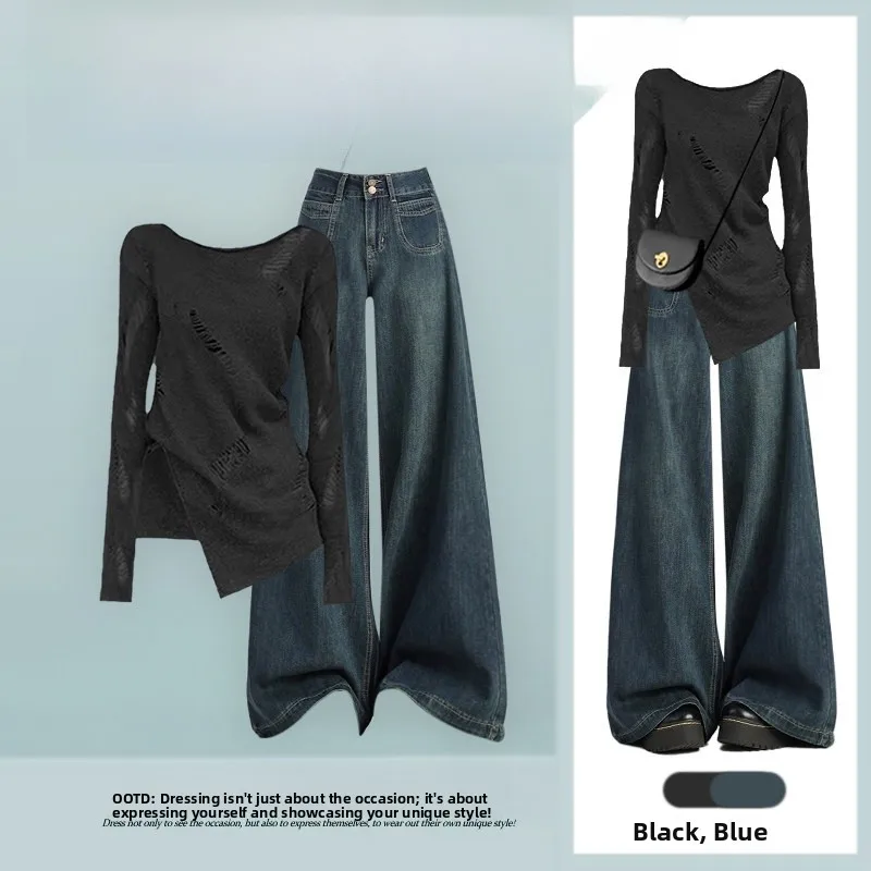 Elegant Spring Set Women's Light Maturity Style Hollow Cover up Tank Top with Korean Slim Wide Leg Jeans Three Piece Set