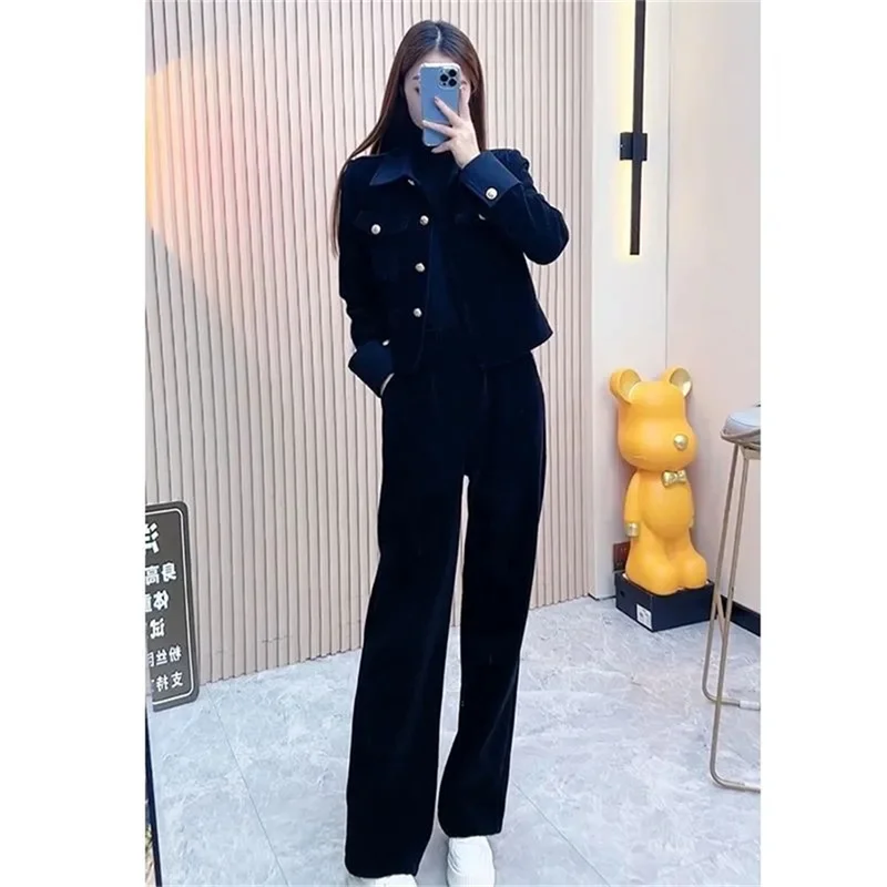 Fashion Suit Women\'s Autumn And Winter High-End Spliced Corduroy Short Coat Wide-Leg Pants Two-Piece Suit 2023 Spring Sets Femal