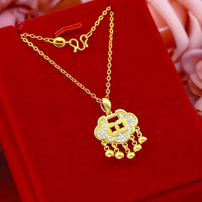 Brass Gold-Plated Longevity Lock Pendant Necklace for Babies Traditional Chinese Birthday Gift for First Anniversary Celebration