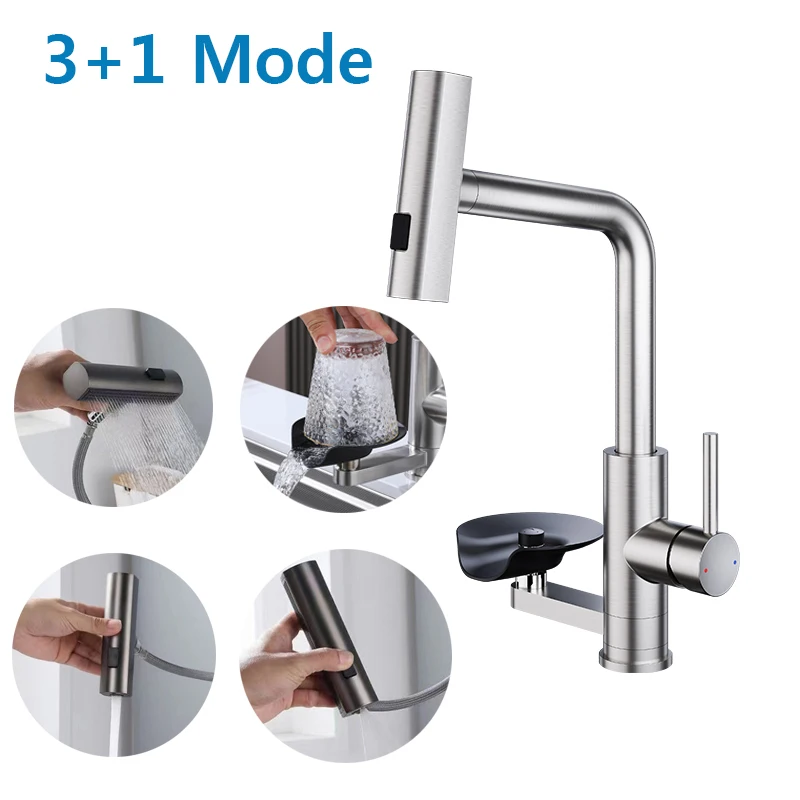 4/7 Mode For Kitchen Faucet Cup Washer Pull Out Waterfall Stream Sprayer Head Sink Mixer Brushed Nickle Water Tap Accessories