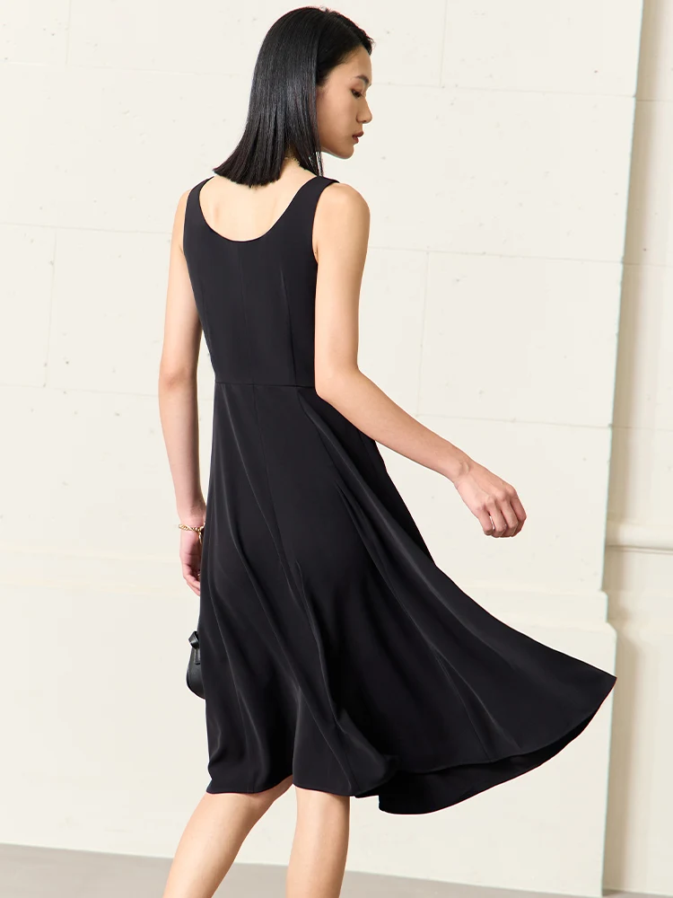 AMII Minimalism O Neck Sleeveless Women\'s Dress 2023 Summer New Waist A Line Office Lady Solid Black Female Vestidos 12322025