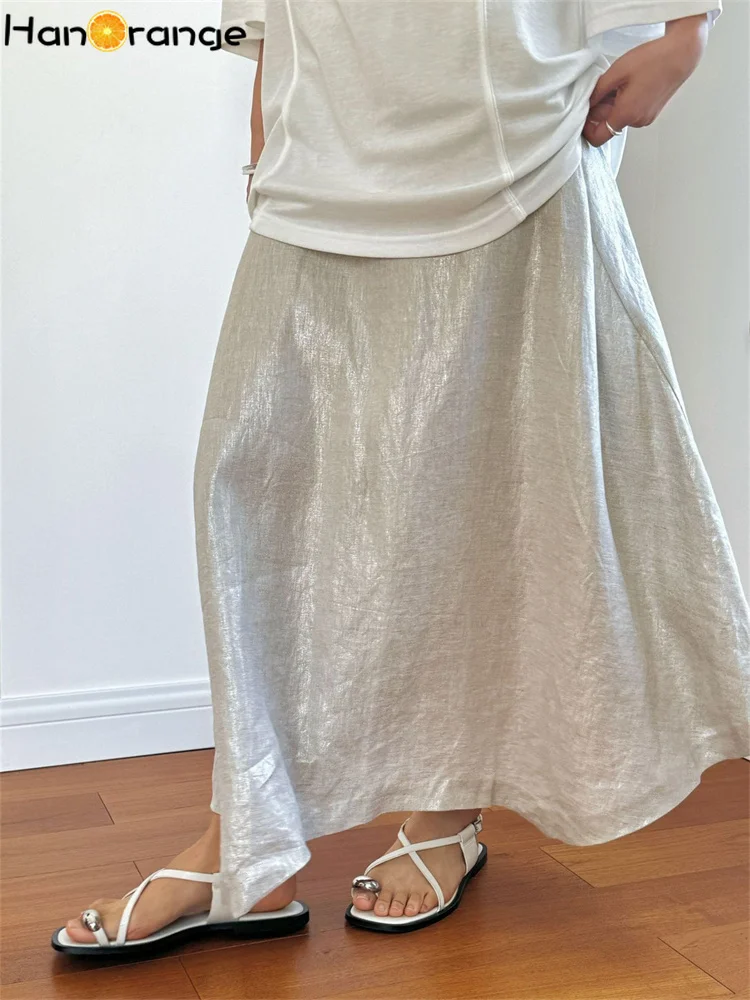 HanOrange 2024 Summer Romantic Texture Glossy Linen Skirt Women High Waist Irregular A-line Midi Skirt Light Champagne