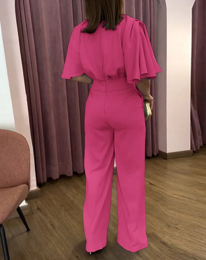 Woman Bell Sleeve Casual Wide Leg Romper with Pockets Women's Fashion High Waist Metal Chain Decor Jumpsuit Temperament Commuter