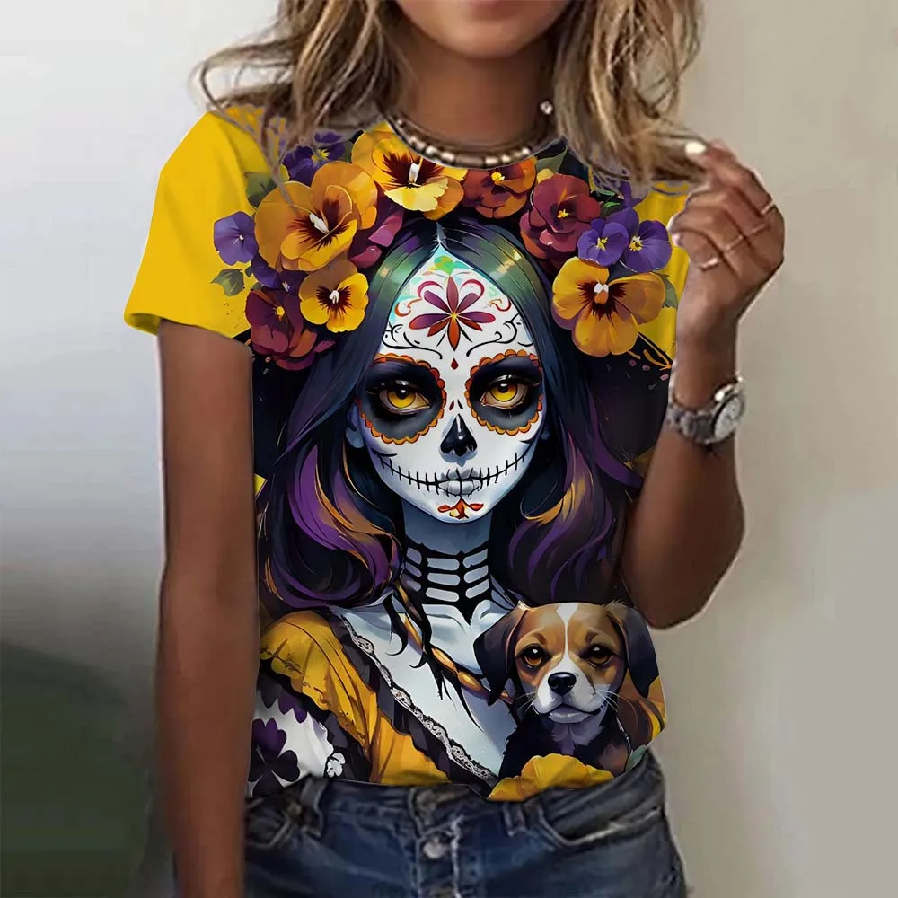 Fashion Women\'s T-shirt for Girls Summer Short Sleeve Casual Sexy Girls Clothes Horror Undead Skull Pattern oversized T-shirts