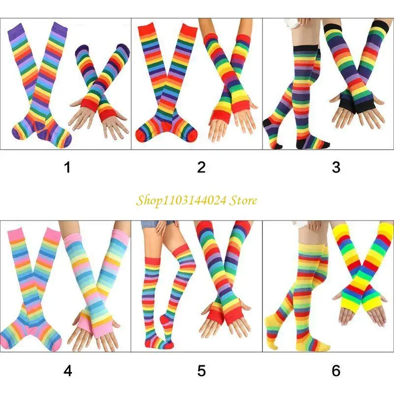

N5KE Womens Rainbow Socks Striped Over Knee Thigh High Stockings Arm Warmer Gloves