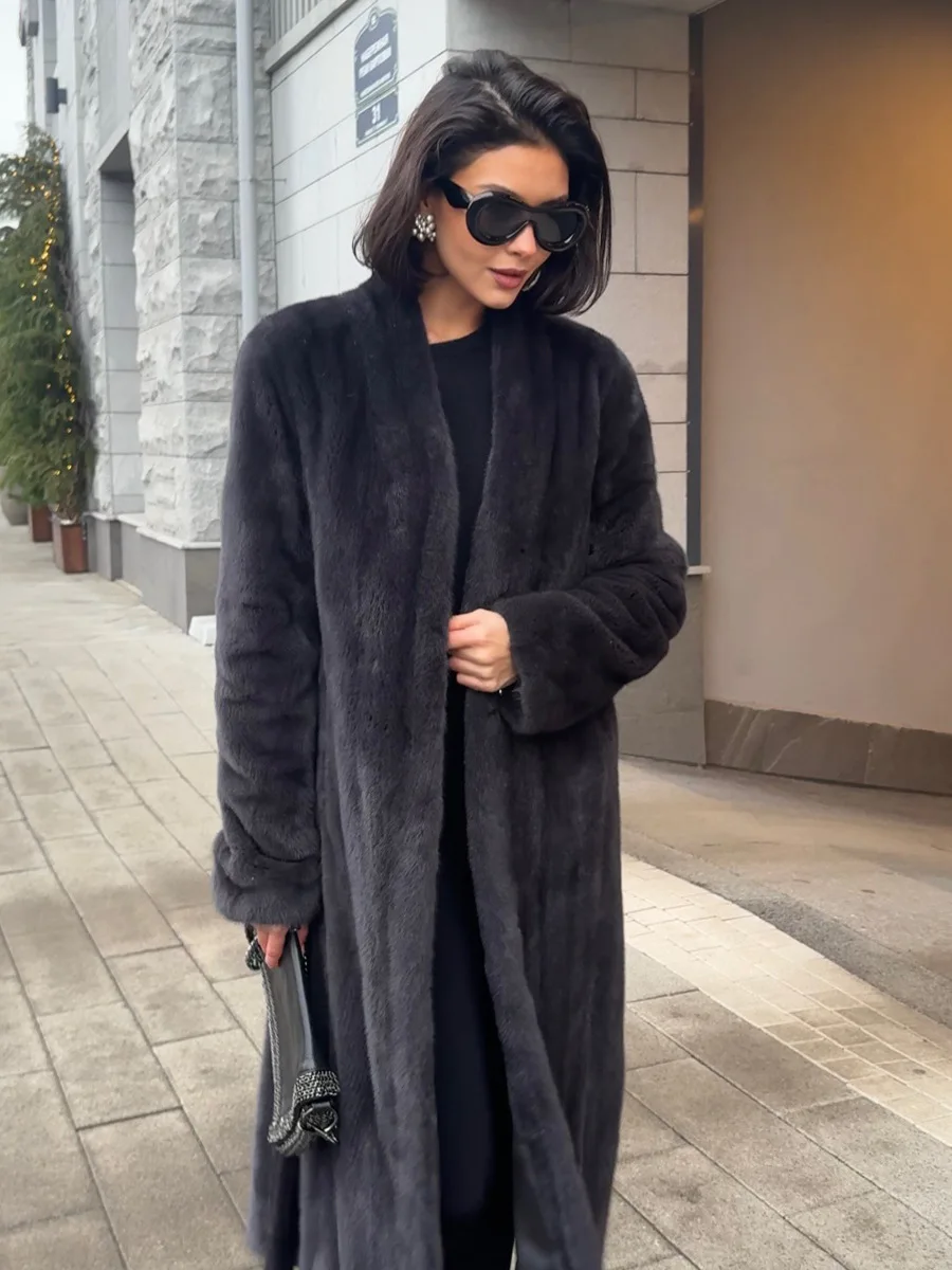 HDHOHR 2026 Winter Thick Warm Long Faux Mink Fur Coat Women With Belt Luxury High Quality Elegant Long Mink Fur Jacket Ladies