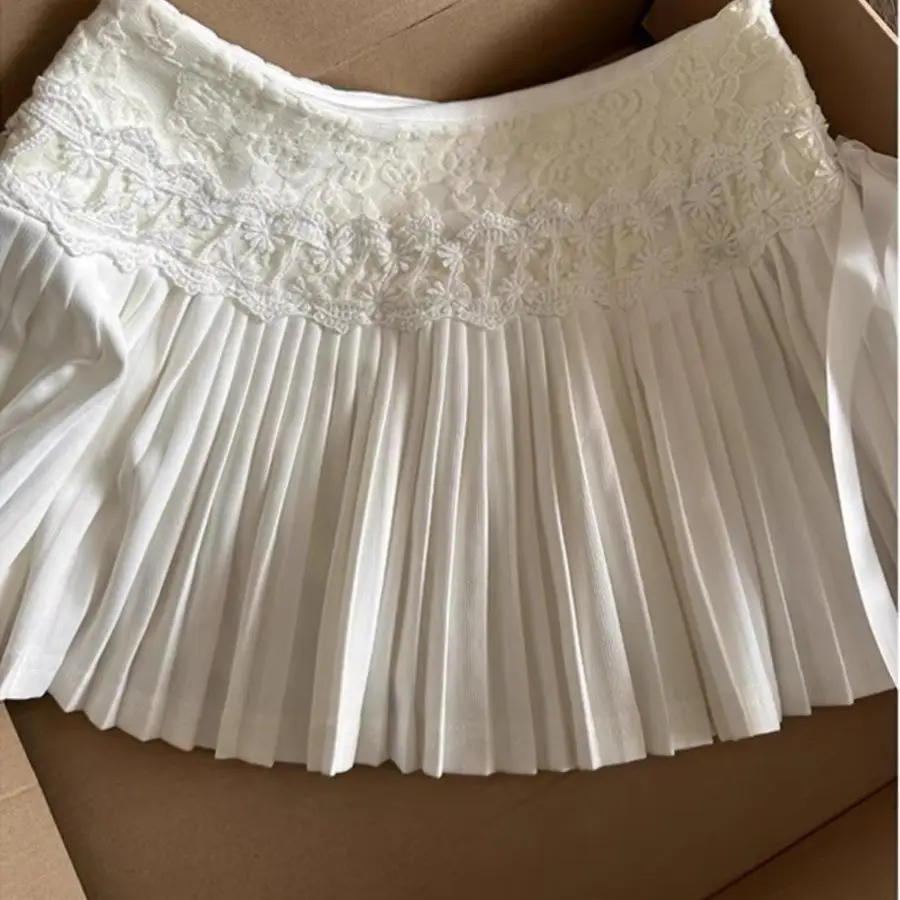Nicho estilo puro bolo saia para mulher na primavera e no outono de cintura alta renda emendada doce plissado saia curta