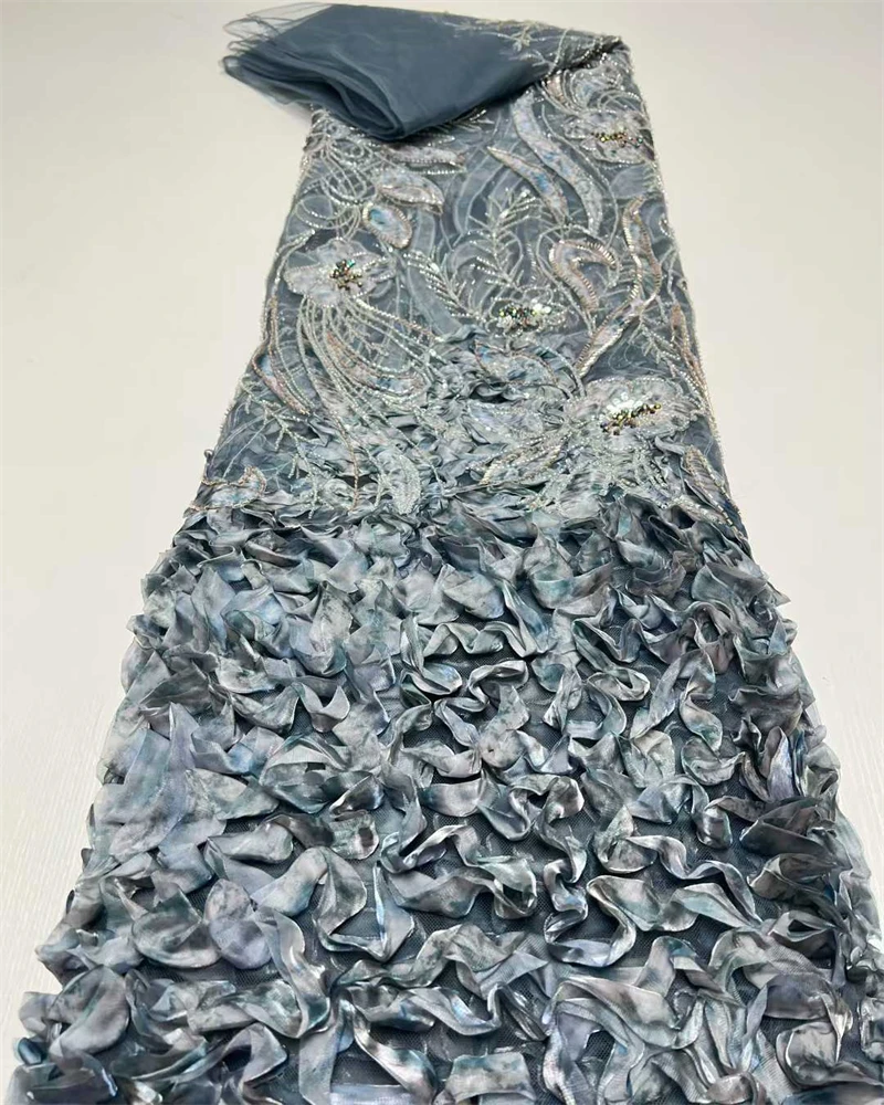 Tessuto di pizzo tulle francese ricamato 3D elegante africano nigeriano di alta qualità con paillettes per feste e matrimoni