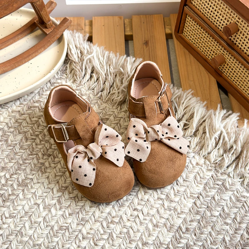 Autumn Girl Comfort Best Kids Shoes Polka Dot Bow Lace Suede Leather Soft Non-Slip Sole Casual Daily Princess Shoes for Toddler