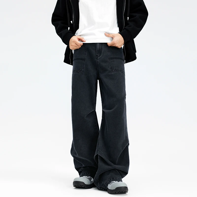 Folds Cargo Jeans Men Women Double Pleated Streetwear Hip Hop Loose Casual Wide Leg Denim Baggy Jeans Pants Trousers