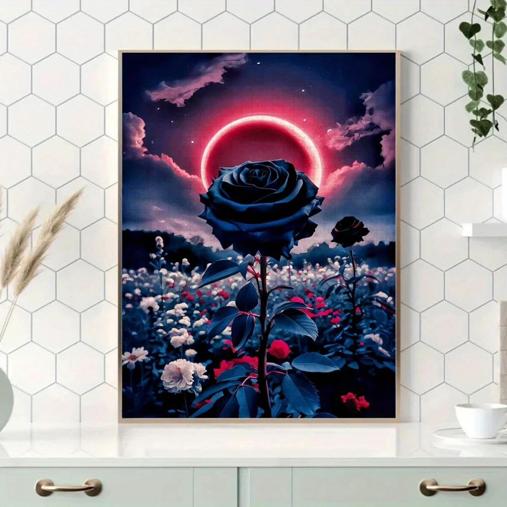 จิ๊กซอว์ 1000 ชิ้น - ท้องฟ้ายามค่ำคืนกุหลาบดำและพระจันทร์สีเลือด, ของเล่นจิ๊กซอว์กระดาษขนาดใหญ่สำหรับผู้ใหญ่, เกมเสริมสร้างความสัมพันธ์ในครอบครัว, เกมฝึกสมอง