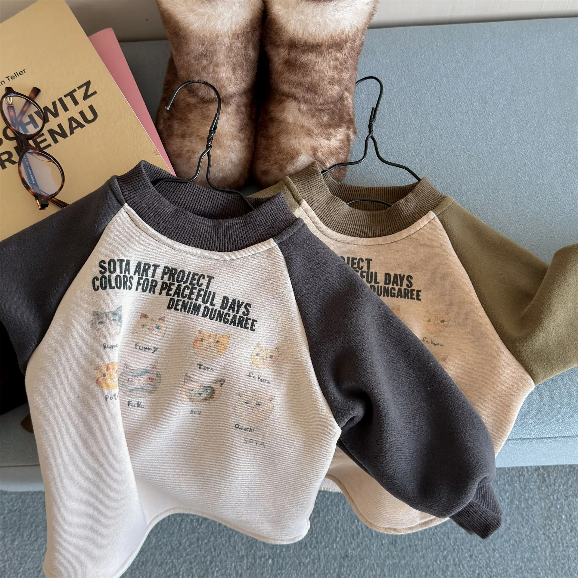 2026 Winter New Children Warm Fleece Sweatshirt Boys Girls Cute Cartoon Print Pullover Kids Plus Velvet Thick Sweatshirt