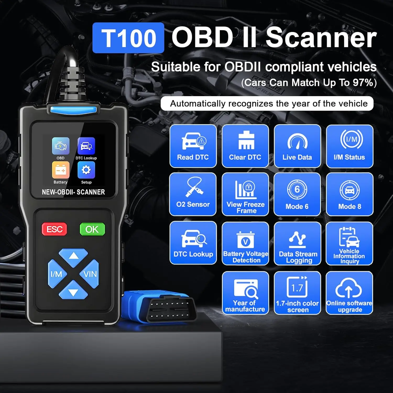 Topdiag T100 OBD2 Scanner:All Mode Diagnostic Code Reader I/M Readiness Mode 6 Mode 8 Car Scan Tool DTC Lookup ECU Info Shortcut