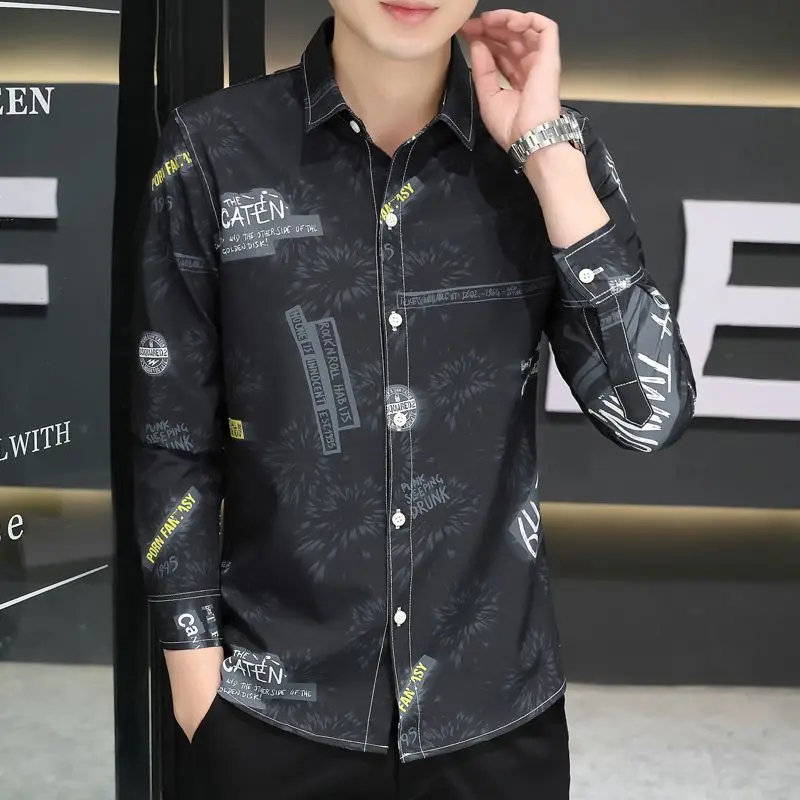 2025 New Autumn Men Long-sleeved Shirt Korean Style Slim and Handsome Prints Start to Be Iron-free and Anti-wrinkle Top