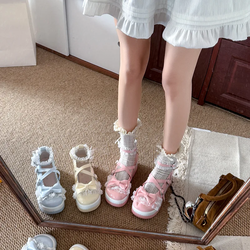 GC Sweet Girls Lolita Flat Platform Female Shoes Lace Bow Cute Marry Jane Height Increasing Women's College Style Jk Shoes