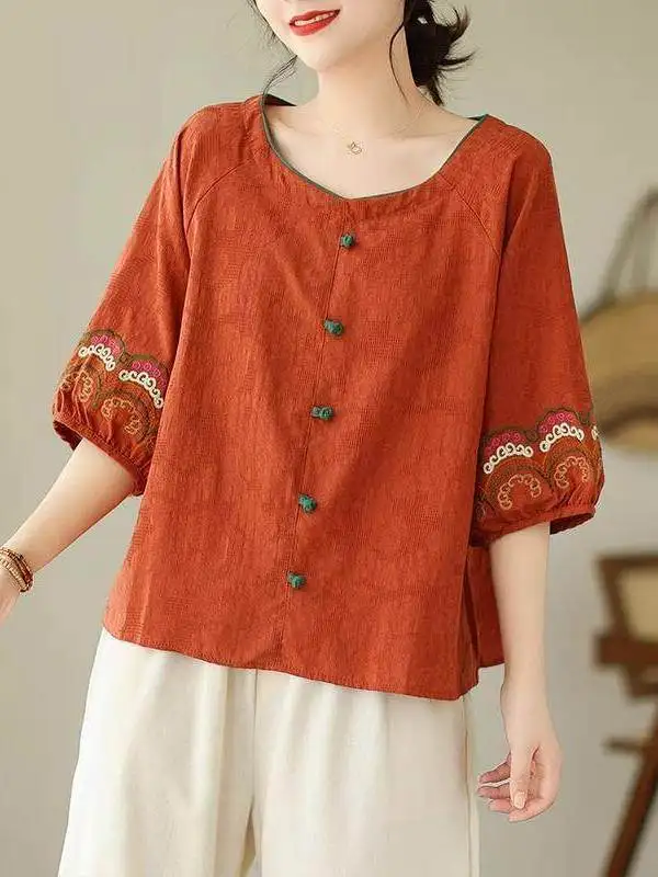 

Summer 2026 Mommy Style Cotton Linen Blend Five-Quarter Sleeve Shirt Women's High-End Loose Fit Versatile Top Breathable Comf...