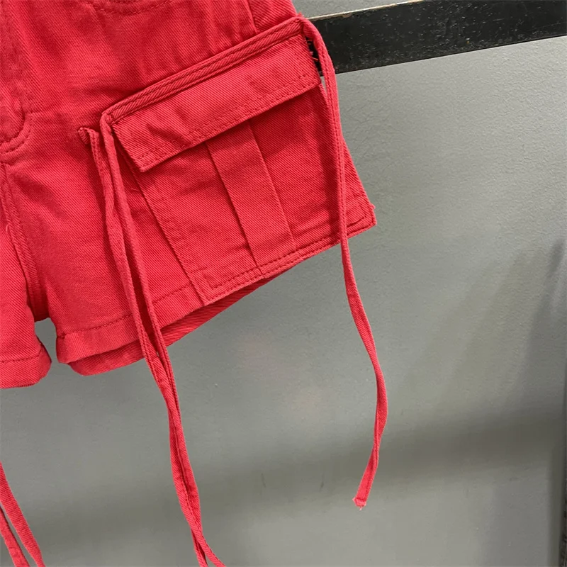 Red Cargo Shorts Patchwork Women High Waist Pockets Tassels Wide Leg Denim Shorts 2024 Summer New Fashion Streetwear Casual