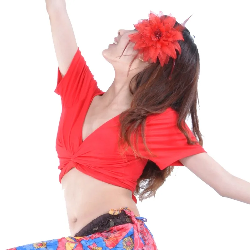 Индивидуальные шелковые хлопковые ремешки для танца живота, костюмы для танца живота, топы с короткими рукавами для фитнеса