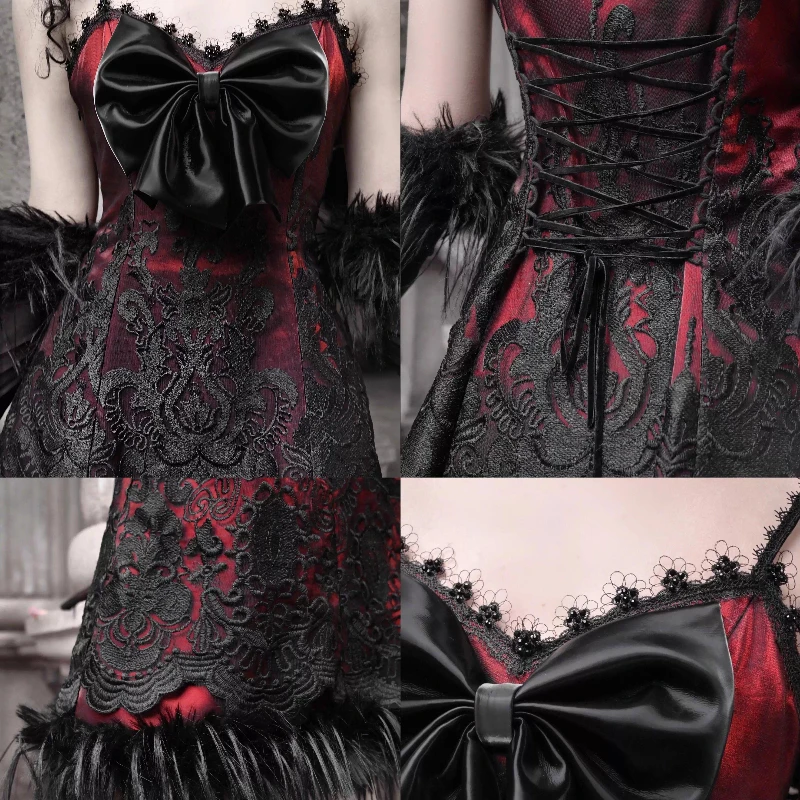 オリジナルデザインのクリスマスドレスの女性の蝶ネクタイスリムストラップハロウィンドレス女性の夏のゴシック黒赤パーティーカーニバルドレス