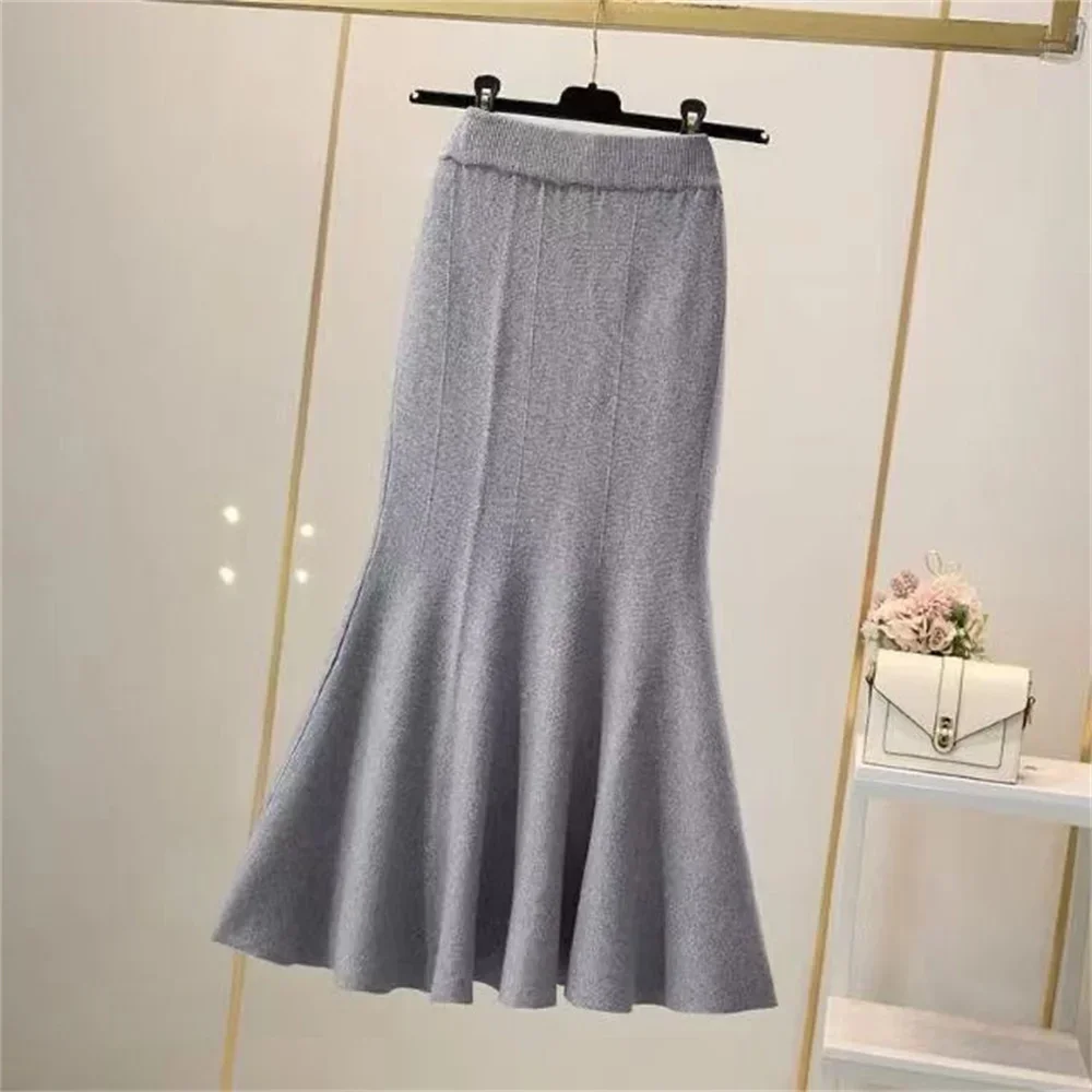 Autumn Winter Streetwear Knitted High Waist Package Hip Skirt Korean Fashion Fishtail Skirt Elegant Office Lady Long Skirt Women