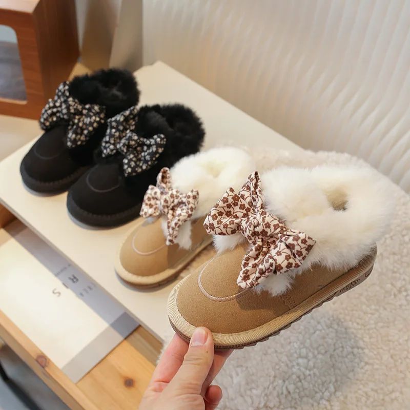 Children's Snow Boots Thick Fleece Plush Girls' Cotton Shoes Fashion Bow Winter Warm Anti Slip Kid‘s Short Boots