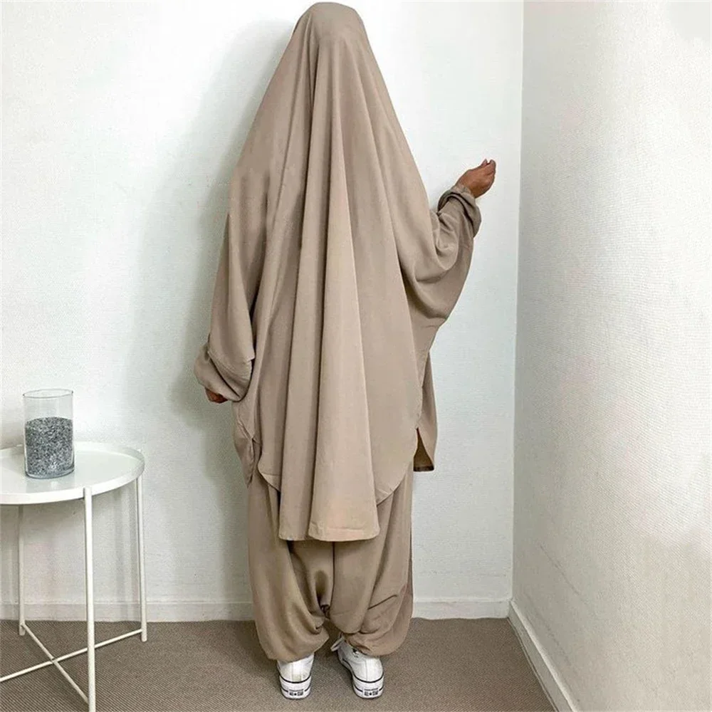 2Pcs Eid Ramadan Muslim Women Khimar Pants Set Islam Clothing Arabic Robe Djellaba Kaftan Turkey Dress Dubai Abaya Jalabiya Gown