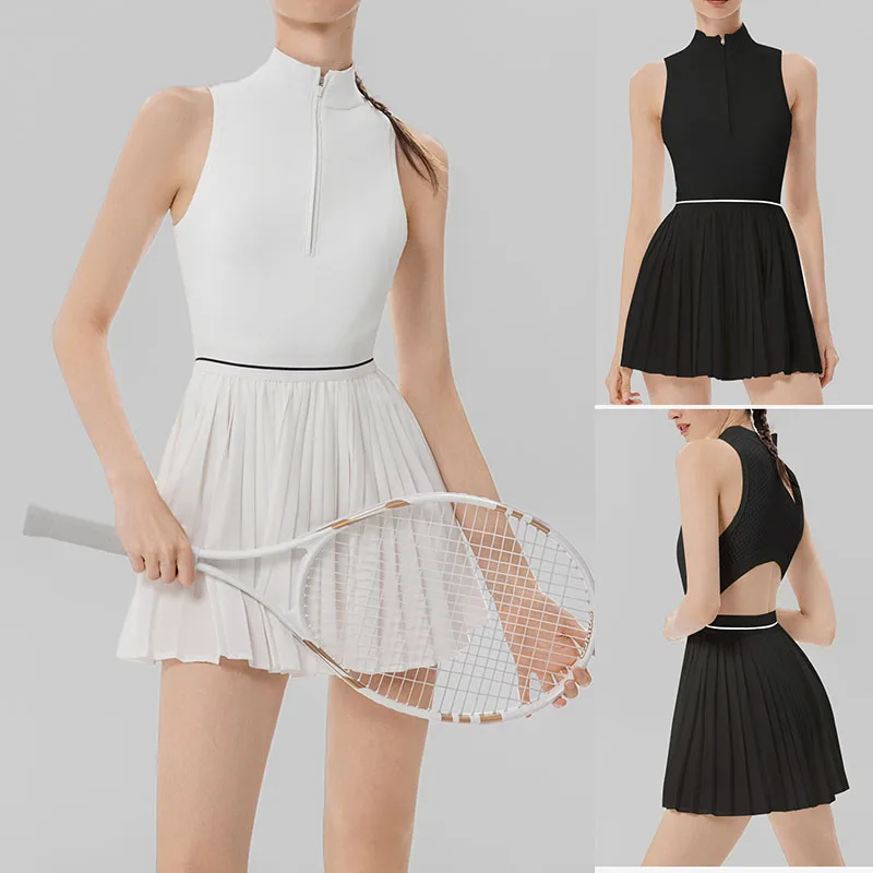 

Women Zipper Polo Tennis Dress with Bra and Short Ladies Sleeveless Breathable Golf Sports Dress Quick-Dry Stretchy Outfits