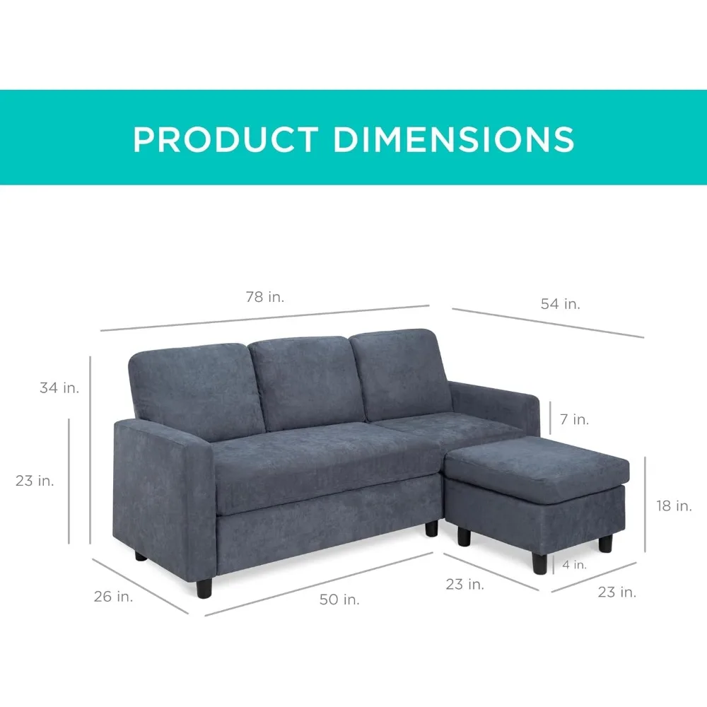 Upholstered Sectional Sofa for Home, Apartment, Dorm, 3-Seat, L-Shape Design, Reversible Ottoman Bench