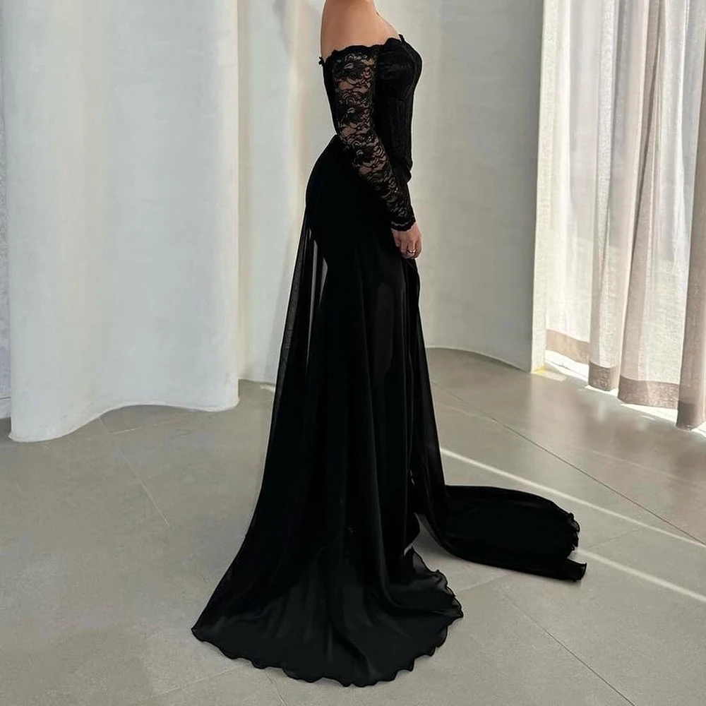 High Quality Chiffon Lace Off the Shoulder Evening Dress Delicate Long Sleeves Strapless Floor Length Side Slit