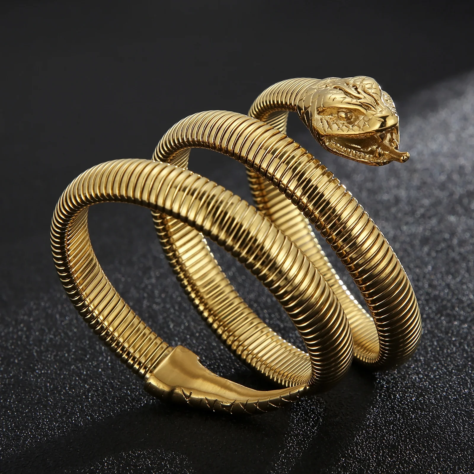 New Trend Gothic Animal Stainless Steel Gold Color Snake Head Bracelet For Women Men Punk Spiral Brand Hand Jewelry Gifts