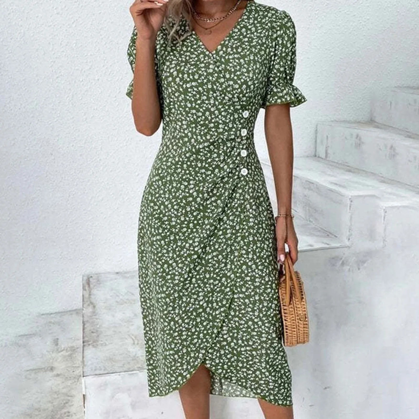 

Elegant Floral Pleated Short Sleeve Midi Dress Female V Neck Puff Sleeve Waist Ruched Button Dresses Women 2024 Summer Dress