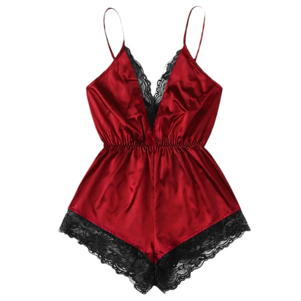 New V-neck sexy lace patchwork one-piece suspender sleeveless pajamas feminine suspender pajamas