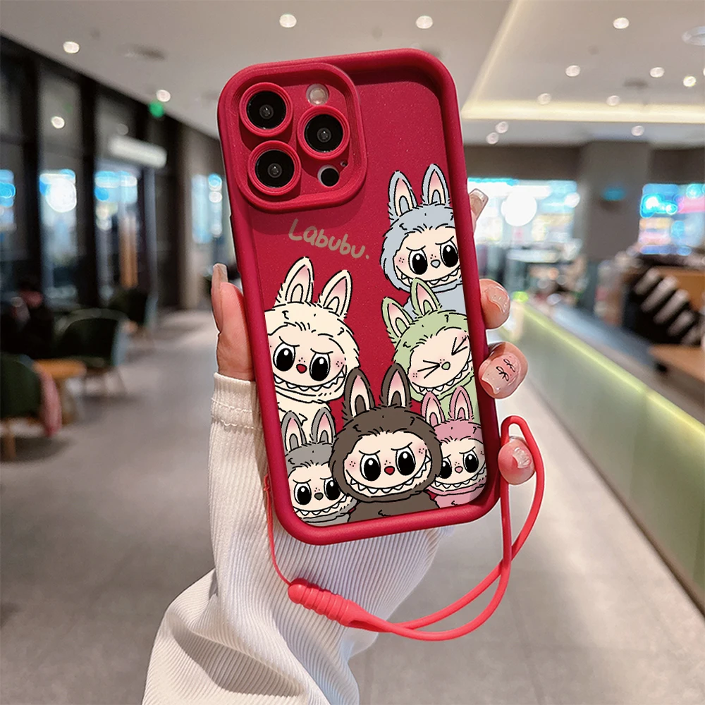 Nuova custodia per telefono Kawaii Cute Labubu per IPhone 15 14 13 12 11 Pro Max Mini XR XS X 7 8 Plus Cover posteriore morbida in TPU con cinturino