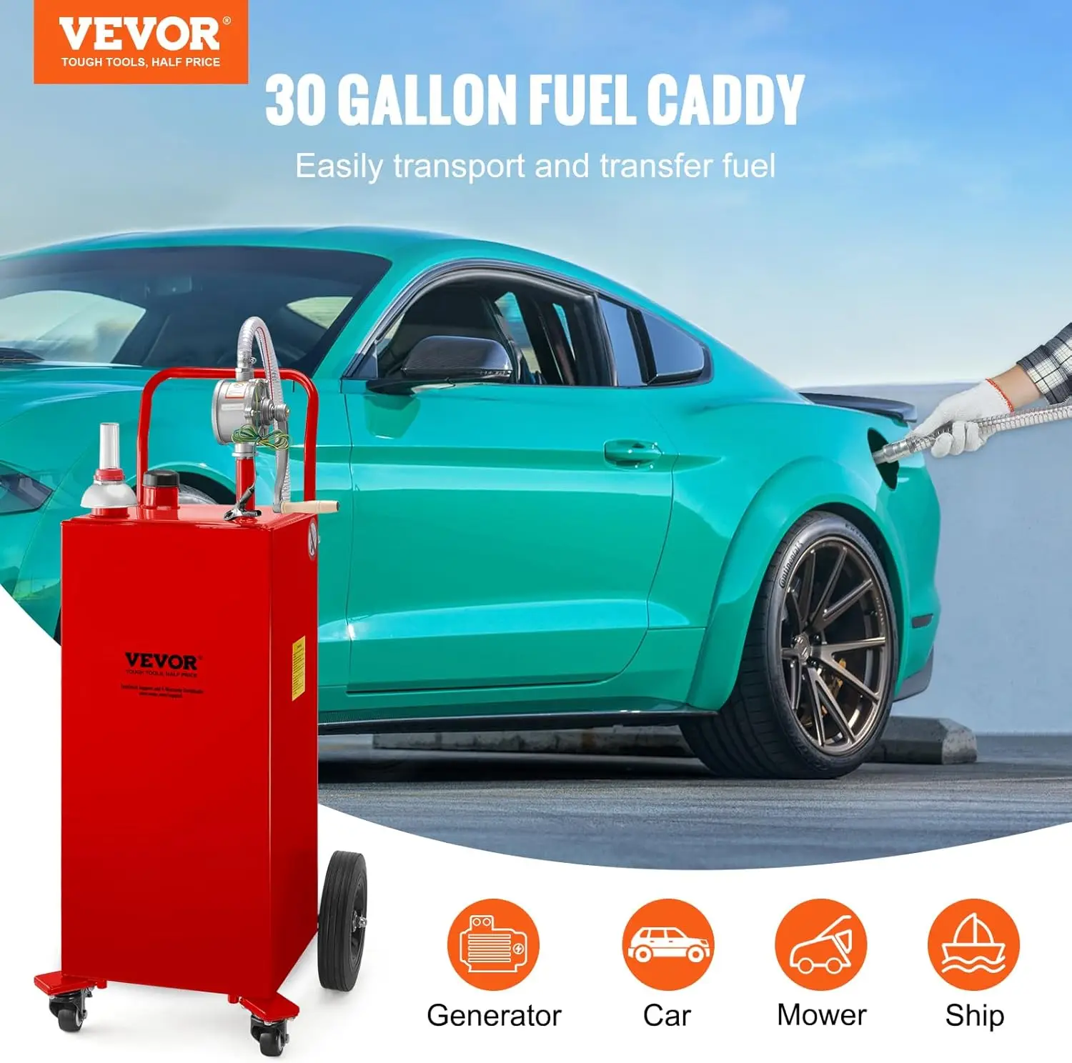 30 Gallon Fuel Caddy Gas Storage Tank & 4 Wheels with Manual Transfer Pump Gasoline Diesel Fuel Container for Cars