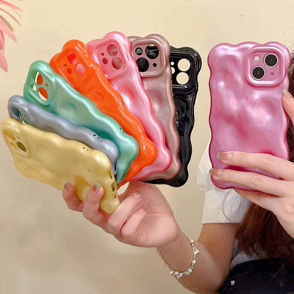 Korean Glossy 3D Meteorite Texture Macaron Solid Color Case For iPhone 14 Pro 13 12 Pro 11 Pro Max Wave Phone Shockproof Shell