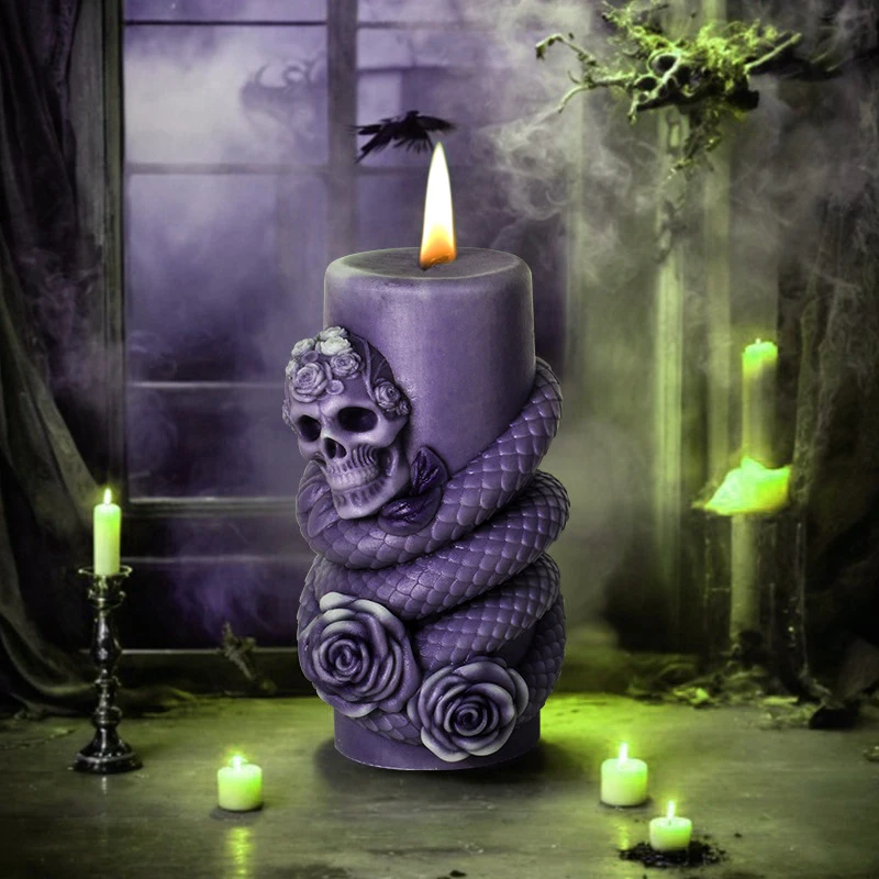 Skull Snake Cylindrical Candle Silicone Mold Halloween Candle Mold DIY Handmade Aromatherapy Gypsum Epoxy Resin Making Mould