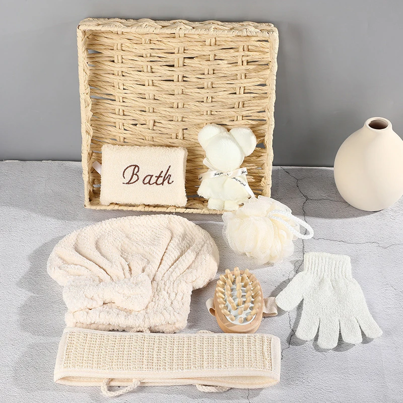 1 Set Spa Gift Cute Bear Basket Bathing Skin Cleaning Kit Spa Gift For Women Sisal Bath Flower Kit Back Scrubber Gloves Massager