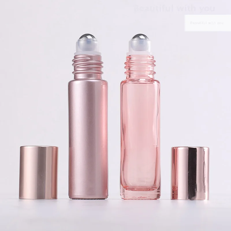 1PCS Glass Roll On Bottle 5/10ml Pink Roller Bottle Essential Oil Lip Gloss Refillable Tube Empty Jar Glass Perfume Bottle