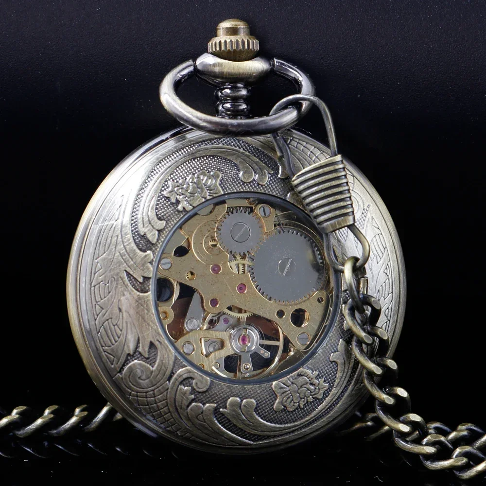 Hollow Bronze Steampunk Pendant for Men Women Hand Winding Mechanical Pocket Watch Roman Numerals Skeleton Watches FOB Chain