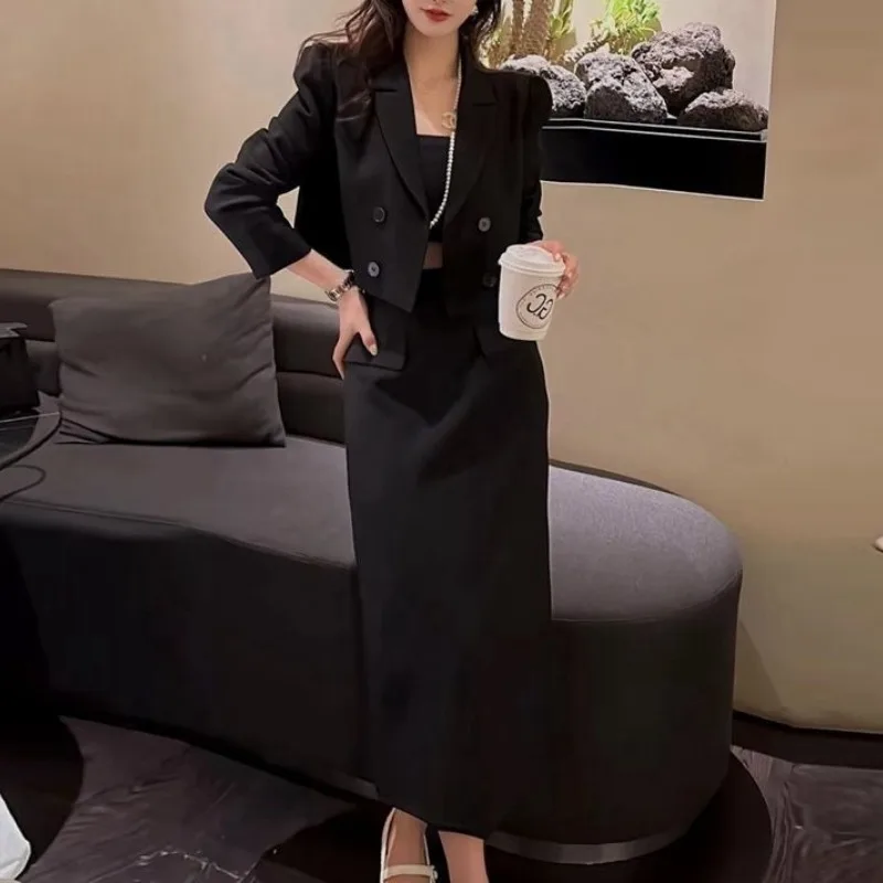 Women\'s 2023 Spring and Autumn Suit Collar Spliced Button Zipper Fashion Solid Color Short Coat Long Dress Versatile Casual Suit