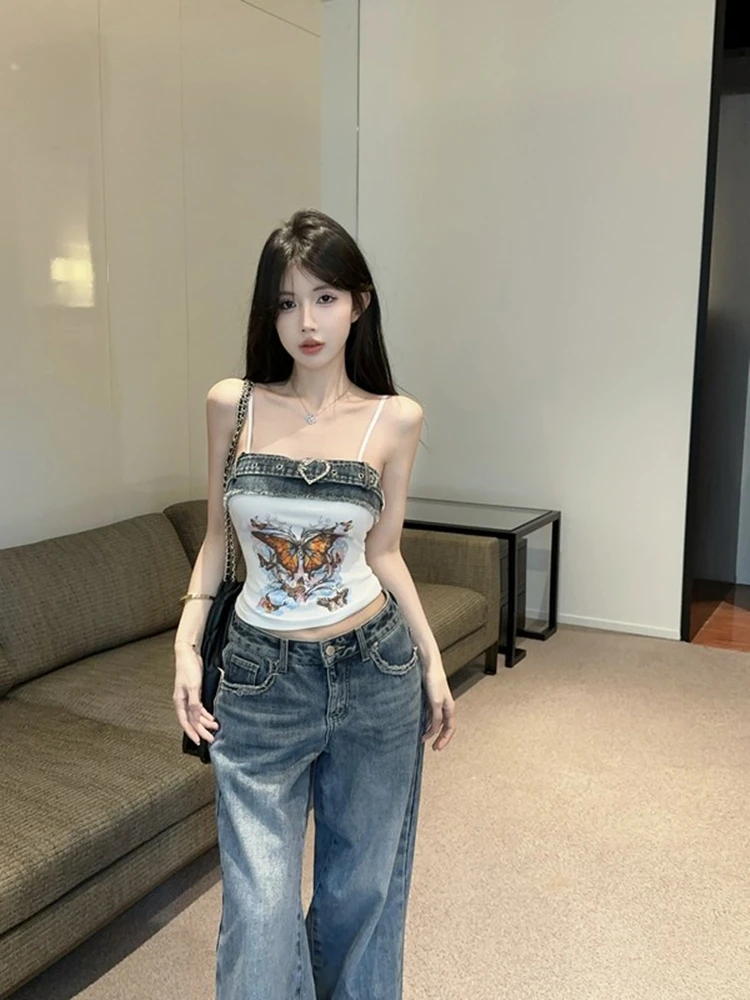 Top vaquero Y2K americano con cuello ter para mujer, Top de tubo Sexy tailandés para chica, Top corto único y hermoso de e...
