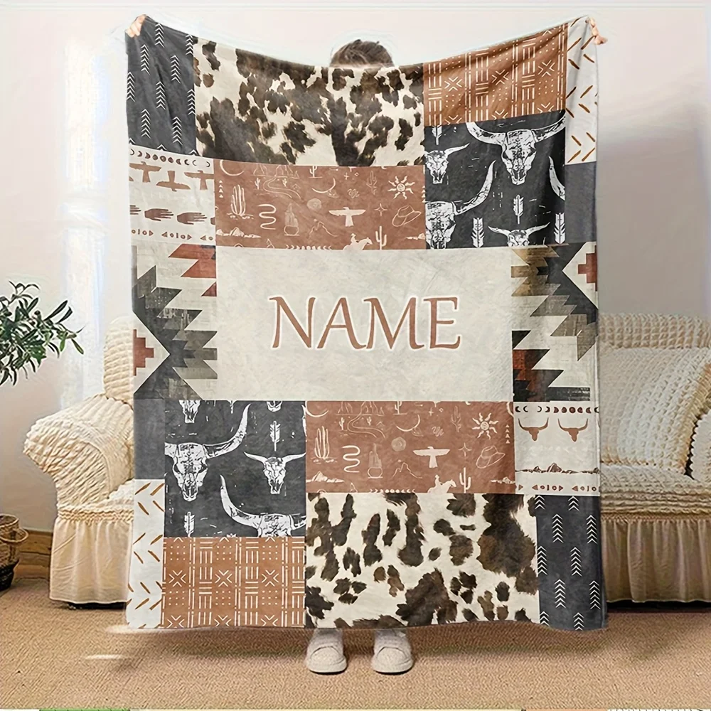 Personalized Western Blanket Cowhide Pattern Buffalo Skull Tribal Design Soft Fleece Throw for Home Decor Bedroom Gift Idea