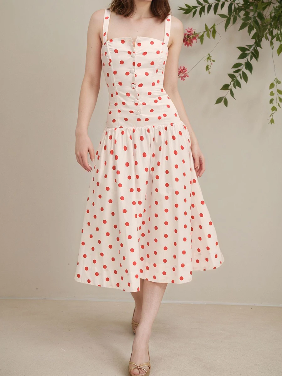 

Red Polka Dot Print Midi Dress Women Square Collar Single Breasted Sleeveless Long Dresses Summer Elegant Fashion Casual Vestido