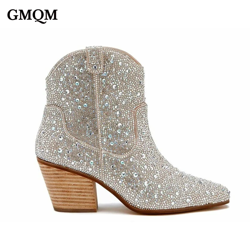 GMQM Fashion Women Ankle Boots New Spring Western Cowboy Boots Clear Glitter Bling Shiny Trend High Heels High Quality Shoes Hot