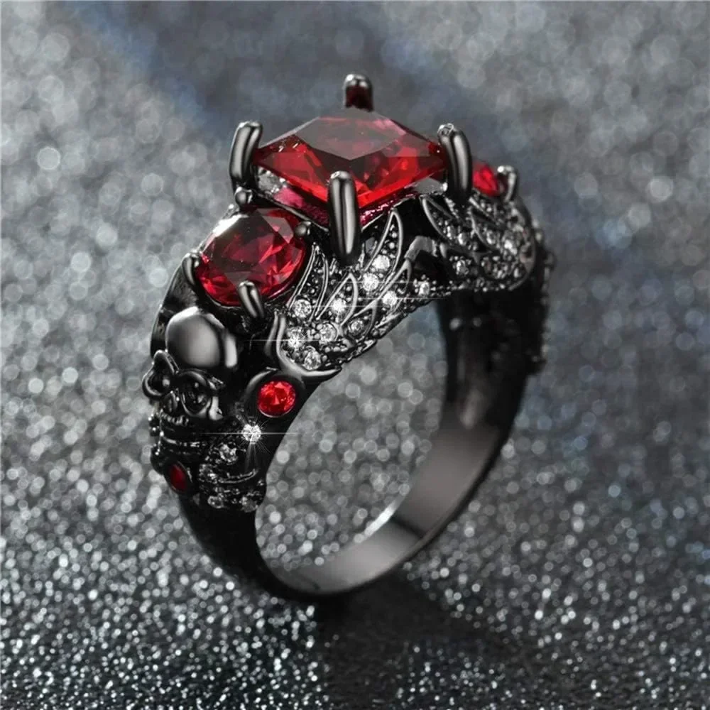 Gothic Jewelry Purple Red Black Crystal Unique Black Skull Rings for Women Halloween Christmas Gifts