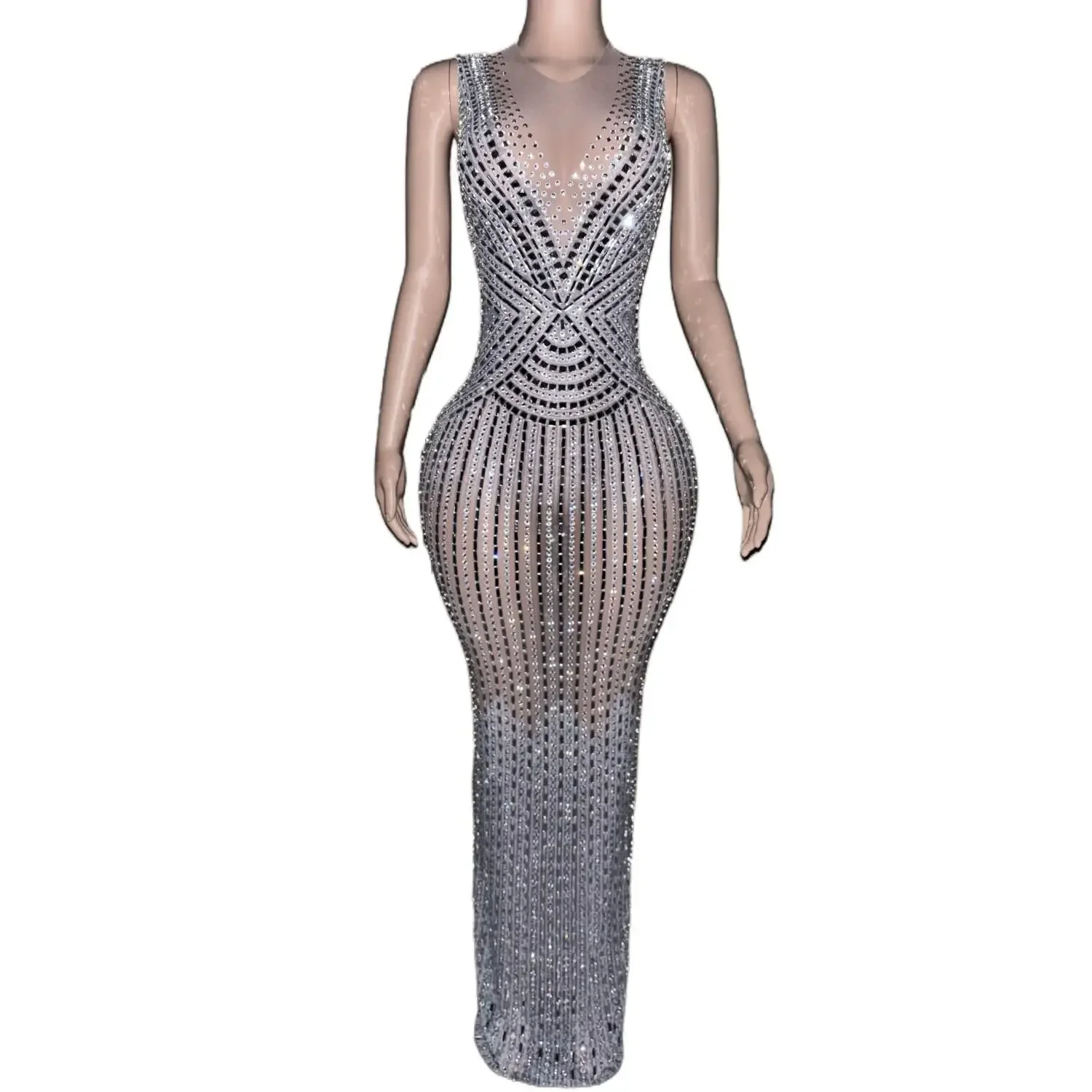 

Sexy Rhinestone Crystal Birthday Wedding Party Slim Dress Elegant Long Pageant Prom Dress Fashion Women Evening Dress Stage Gown